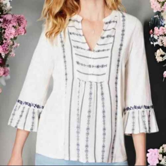 J.Jill Embroidered Boho Peasant Blouse - Bell Sleeves - White / Blue Womens XS - Picture 1 of 12